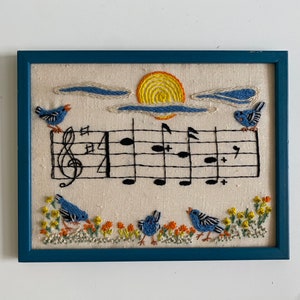 Vintage Crewel Emboidery Blue Birds Flowers Music