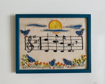 Vintage Crewel Emboidery Blue Birds Flowers Music