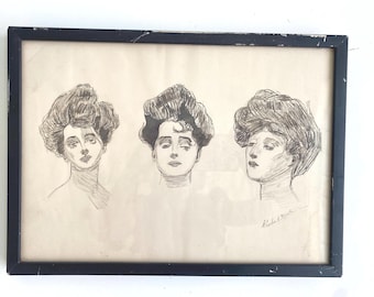 Antique Original Framed Pen and Ink Drawing in “Gibson Girl” Style by Artist Charles A. Muntz Signed