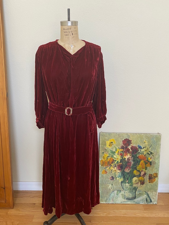 Vintage 1930s Red Silk Velvet Dress Midi Length