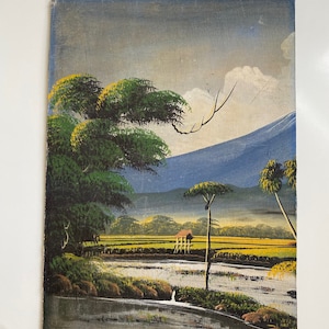 Vintage Painting Asian Landscape on Cloth Mounted on Hardboard Unsigned