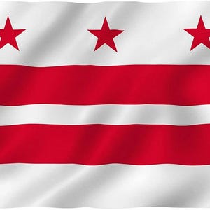 May include: A white flag with three red stars at the top and two horizontal red stripes. The flag is waving, showing the design of the District of Columbia flag. The flag is made of a lightweight material.