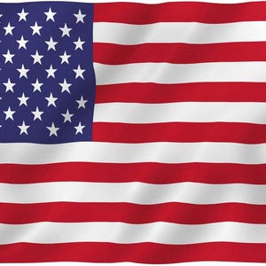 May include: A rectangular American flag with alternating red and white horizontal stripes. The upper left corner features a blue rectangle with fifty white stars. The flag is waving slightly.