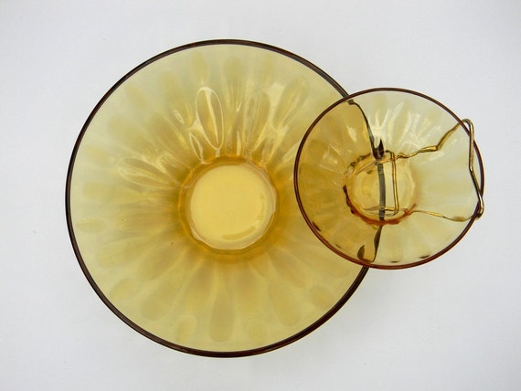 Vintage Hazelware Lyric Three Piece Gold Amber Glass Chip And Dip Set Vintage Serving Mid Century Serving