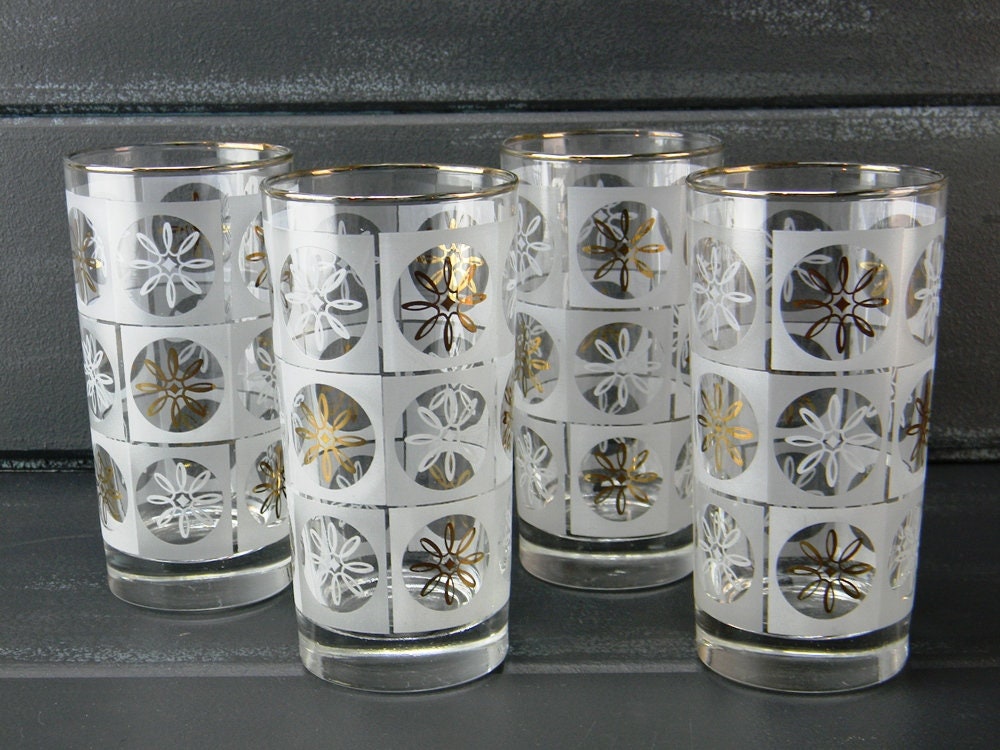 Vintage Gold Rimmed Frosted Glass Tumblers Set of Four Etsy
