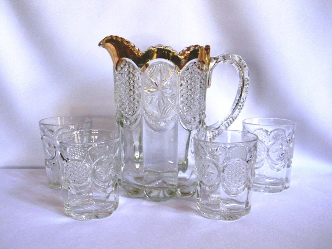 Vintage Pressed Glass Gold Trimmed Pitcher and Tumbler Set Etsy