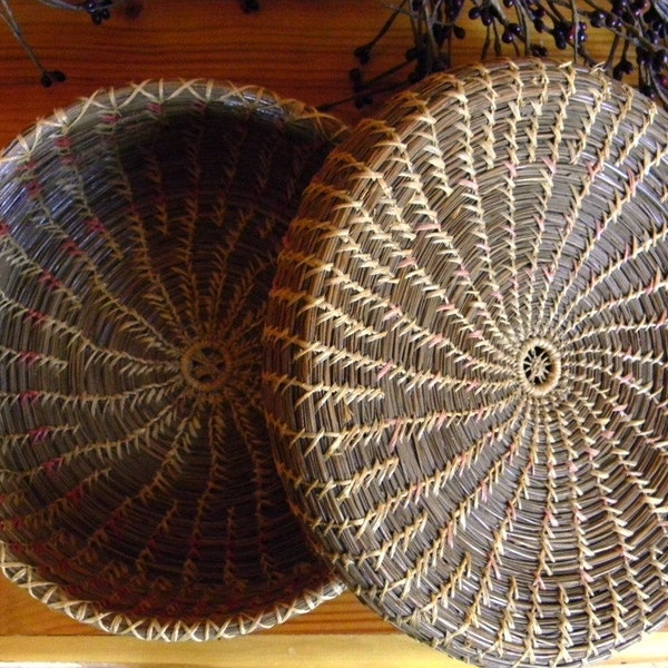 Vintage Handmade Pine Needle Basket with Lid