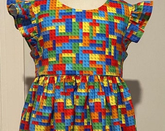 Building Block Dress: Handmade Retro Flutter Sleeve Cotton Dress
