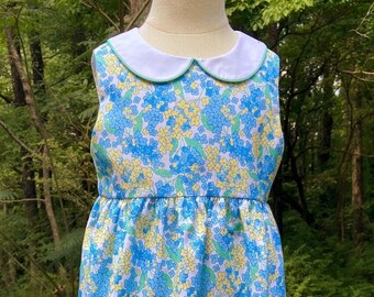 Floral Peter pan collar dress  below knee length, sleeveless yellow and blue flowers girls dress,  toddler dress.