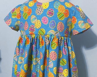 Blue Easter Little Girl Dress, Spring short sleeve Glitter Easter Egg print outfit