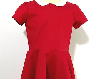 Red peter pan collar short sleeved twirl dress,  red dress with white  peter pan collar, infant toddler girls,  red dress white collar