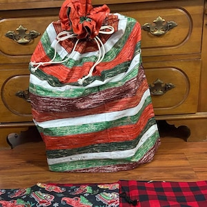 Christmas fabric sack jumbo oversized 28 x 21, Holiday Cloth gift bag reusable drawstrings  can be monogrammed