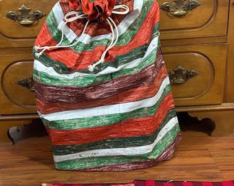 Christmas fabric sack jumbo oversized 28 x 21, Holiday Cloth gift bag reusable drawstrings  can be monogrammed
