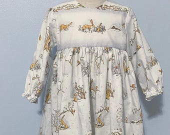 Christmas Bunny Dress size 3T : Winter Scene Cotton long sleeve dress