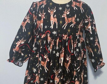 Christmas Dress Reindeer : Santa's reindeer Scene Cotton long sleeve dress