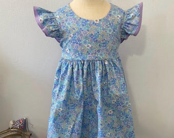 Toddler Blue Floral Flutter Sleeve Dress: Handmade Spring Outfit