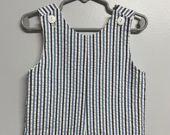 Blue Striped Seersucker Jon Jon: Custom Baby Boy Shortall Romper