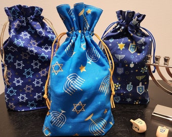 Reusable Cloth Gift Bag | Small | Drawstring | Hanukkah Fabric | Chanukah Menorah Star of David Prints