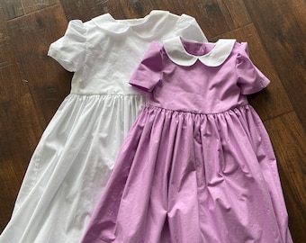 Girls cotton  dress, peter pan collar dress  modest mid calf length  girls and toddler dress