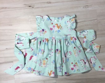 Unicorn Flutter sleeve dress Animal friends, toddler flutter sleeves dress, baby girl flutter dress, unicorn, rabbit