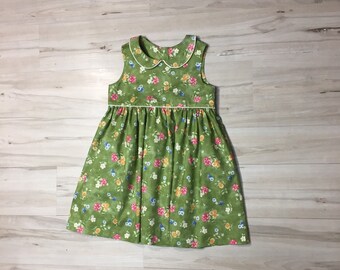Green Floral Dress | Toddler size 4 | Peter Pan Collar | Sleeveless | Little Girl Couture | Back to School | Ready to Ship