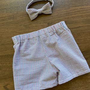 Fourth of July,  shorts, bow tie , Red White Blue seersucker,  baby shorts and bow tie