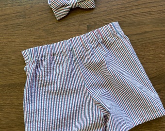Red White Blue Seersucker Baby Shorts and Bow Tie: Patriotic Outfit