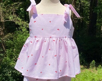 watermelon seersucker bloomer tunic set for toddlers. girls 5-8 with shorts