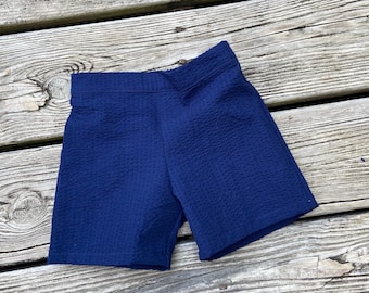 Handmade Navy Seersucker Baby Shorts: Elastic Waist Cotton