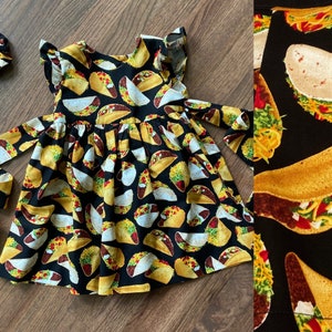 Taco Dress, Toddler Dress Girl, taco print dress, Baby dress, taco flutter sleeve dress, Retro style dress, Cino de Mayo, handmade.
