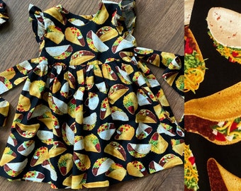 Taco Dress, Toddler Dress Girl, taco print dress, Baby dress, taco flutter sleeve dress, Retro style dress, Cino de Mayo, handmade.