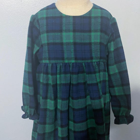 Green plaid size 5 flannel long sleeve dress, Christmas Dress , Green and navy plaid