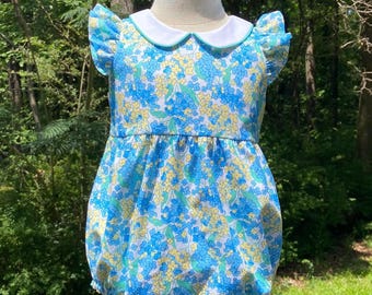 Floral baby bubble romper, peter pan collar