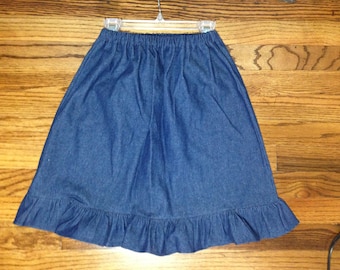 Girls modest skirt with ruffle, Elastic waist  Blue Denim skirt, available is sizes 2, 3, 4, 5, 6, 7, 8, 10, 12  and 14. denim skirt.