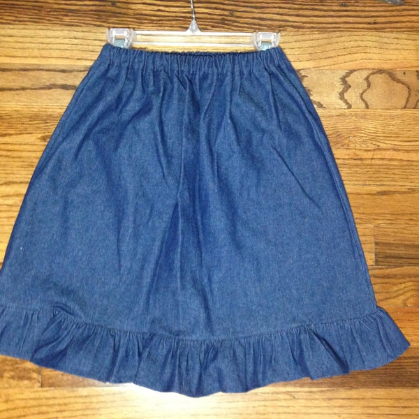 Girls modest skirt with ruffle, Elastic waist  Blue Denim skirt, available is sizes 2, 3, 4, 5, 6, 7, 8, 10, 12  and 14. denim skirt.