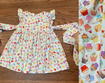 Handmade Retro Cupcake Print Dress: Flutter Sleeve Cotton Party Dress