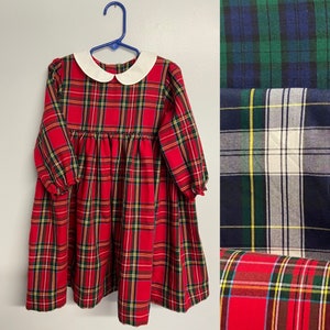 Tartan plaid girls dress, Peter Pan collar long sleeve dress, red tartan plaid, green blue tartan, or white green blue plaid lawn cotton