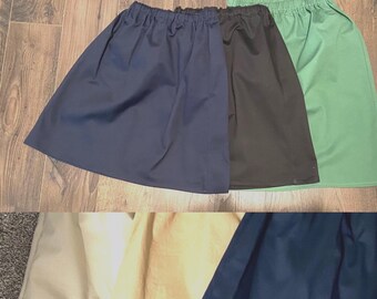 Girls Twill Skirt: Custom Length Elastic Waist, Black, Green, Navy, light and darker khaki .