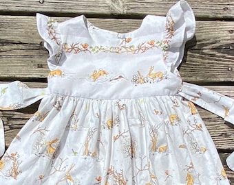 Christmas Bunny Dress: Winter Scene Cotton Flutter Sleeve Dress (Size 3T)