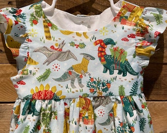 Dinosaur Christmas dress, infant, toddler or girls  Flutter sleeve dress