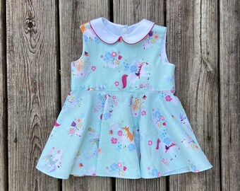 unicorn peter pan collar sleeveless twirl dress,  unicorn, bunny, fox and cat  peter pan collared dress, infant toddler girls
