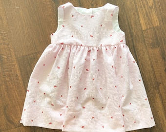 Seersucker Watermelon Dress: Pink Cotton Blend, Lined Bodice