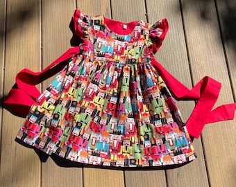Handmade Nutcracker Print Girls Christmas Dress, Double Flutter Sleeve