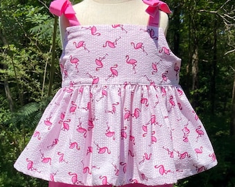 Pink flamingo seersucker bloomer tunic set for toddlers. girls 5-8 with shorts
