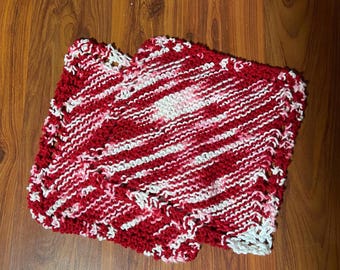 Red and White verigate Cotton Knit Dish Cloths,  knit dishcloth, hand knit dish rags, Cotton knit dishcloths, Cotton dishcloth