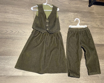 Olive Green Corduroy Vest Outfit: Unisex Kids Set