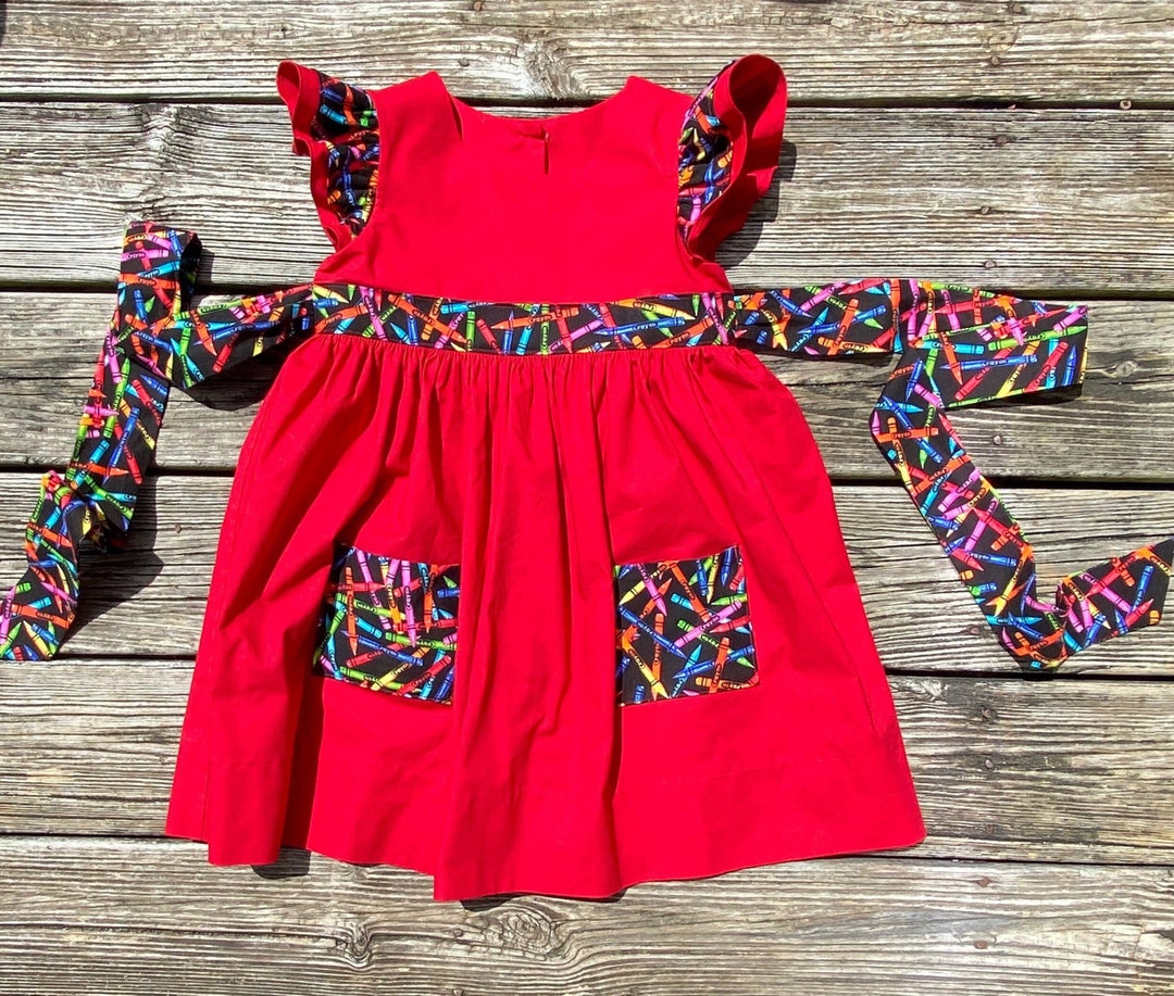 kona cotton dress Back to School Crayon Pocket Dress: Flutter Sleeve Kona Cotton size 5