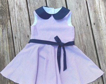 seersucker twirl peter pan collar sleeveless dress, Patriotic, Americana red white blue seersucker dress with navy blue collar