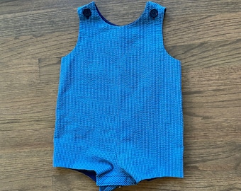 Blue Striped Seersucker Jon Jon, Baby Boy Shortall Romper