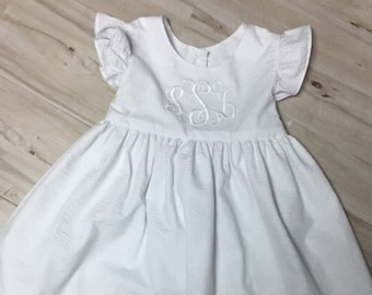 White Seersucker Flutter Sleeve Dress: Handmade Monogrammed Flower Girl Dress